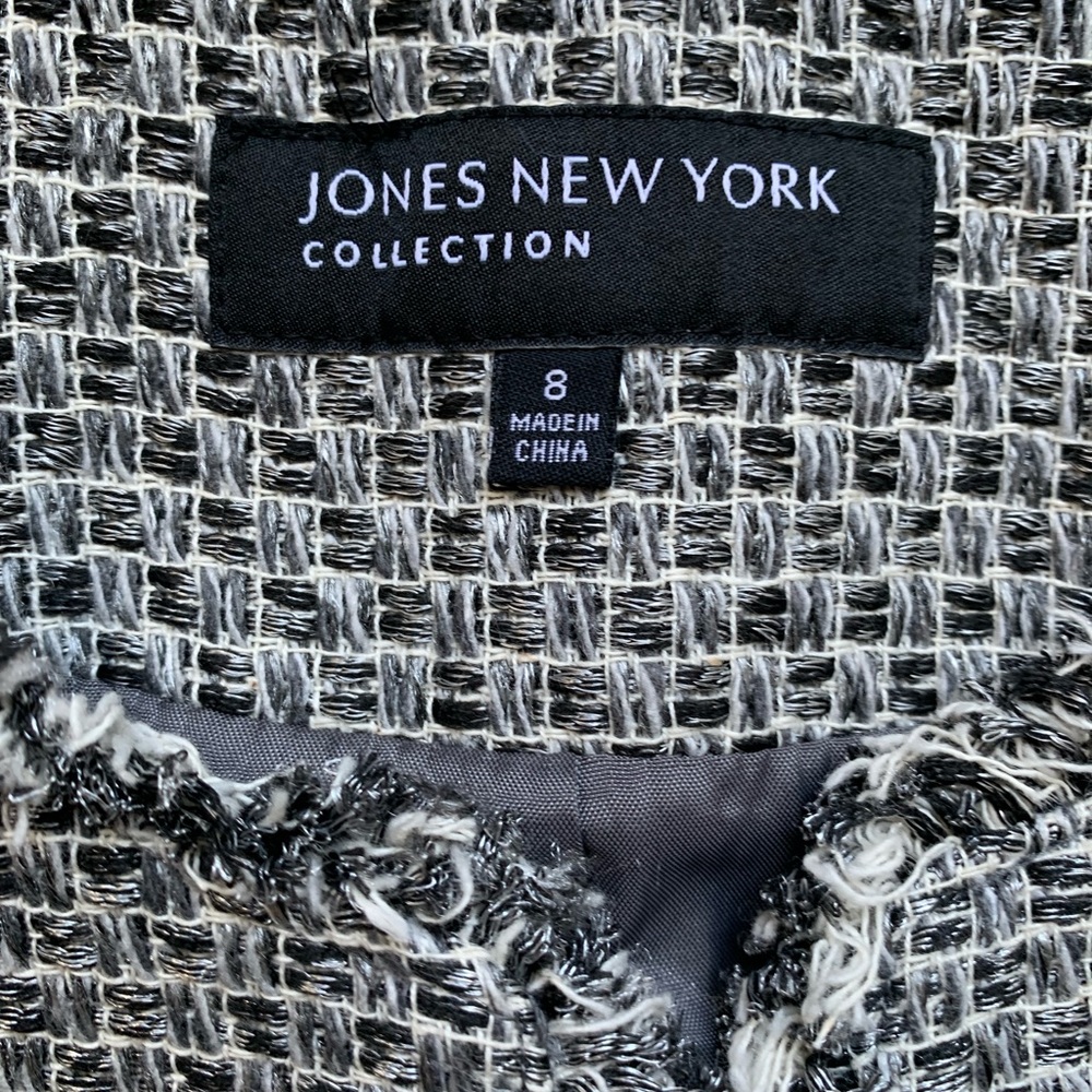 Jones New York Tweed Blazer Jacket Career Fringe Black Off White Size 8 - Picture 3 of 7